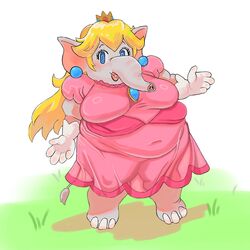  1:1 after_transformation alternate_species anthro big_breasts blonde_hair blue_eyes breasts clothing dress ear_piercing elephant elephant_peach elephant_tail elephant_toes elephantid female gloves gold_crown hair handwear hi_res looking_at_viewer mammal mario_bros natural_breasts navel nintendo obese obese_anthro obese_female overweight overweight_anthro overweight_female piercing pink_clothing pink_dress princess_peach proboscidean proboscis_(anatomy) solo super_mario_bros_wonder translucent translucent_clothing trunk_(anatomy) unknown_artist 