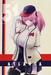  absurdres atlanta_(kancolle) atlanta_braves bad_id bad_pixiv_id baseball_cap baseball_jersey breasts brown_hair earrings female gloves grey_eyes hat high-waist_skirt highres jersey jewelry kantai_collection large_breasts long_hair major_league_baseball partially_fingerless_gloves sakanagahashiru skirt solo star_(symbol) star_earrings suspender_skirt suspenders two_side_up 