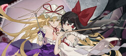  2girls black_hair blonde_hair bow breasts cleavage dress floating_hair frills gohei hairbow hakurei_reimu hat highres kaoru_(alicemakoto) long_hair medium_breasts multiple_girls purple_dress red_bow touhou very_long_hair yakumo_yukari 