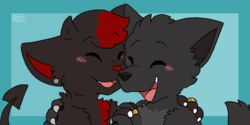  2:1 ambiguous_gender animated anthro black_body blush canid canine canis claws conditional_dnp demon digit_ring duo happy horn hybrid imp jewelry love mammal nuzzling paws pocketpaws red_hair_tips ring short_playtime wedding_ring wolf 