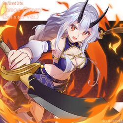  artist_name bare_shoulders bikini bikini_top_only black_horns breasts character_name cleavage commentary_request copyright_name cover cover_page dark_hound_3 doujin_cover dual_wielding earrings english_text fate/grand_order fate_(series) female fire grey_hair hair_between_eyes highres holding holding_sword holding_weapon hoop_earrings horns jewelry long_hair looking_at_viewer medium_breasts navel oni_horns open_mouth red_eyes sarong smile solo swimsuit sword tomoe_gozen_(fate) tomoe_gozen_(swimsuit_saber)_(fate) tomoe_gozen_(swimsuit_saber)_(second_ascension)_(fate) weapon wide_sleeves 