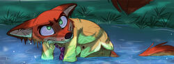  2018 anthro bottomwear canid canine clothed clothing disney dripping fox fully_clothed fur grass green_eyes hi_res mammal necktie nick_wilde orange_body orange_fur outside pants partially_submerged plant red_fox shirt solo topwear true_fox water wet xx-junglebeatz-xx zootopia 