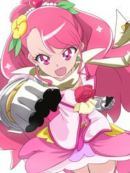  :o absurdres angry clenched_hand commentary cosplay cowboy_shot crossover cure_grace earrings female flower gloves hair_bun hair_flower hair_ornament hanadera_nodoka healin&#039;_good_precure heart heart_hair_ornament highres jewelry long_hair looking_at_viewer magical_girl mashitono_desu open_mouth pink_eyes pink_hair pink_skirt precure red_flower red_rose rose scarf senki_zesshou_symphogear simple_background single_hair_bun skirt solo tachibana_hibiki_(symphogear) tachibana_hibiki_(symphogear)_(cosplay) voice_actor_connection white_background yuuki_aoi 