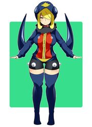  bad_id bad_twitter_id blonde_hair blue_thighhighs blush breasts closed_mouth commentary_request cosplay cynthia_(pokemon) female fingernails full_body garchomp garchomp_(cosplay) grey_eyes hair_over_one_eye jacket long_sleeves mituyota_76 pokemon pokemon_dppt shorts sleeves_past_wrists smile solo standing thighhighs 