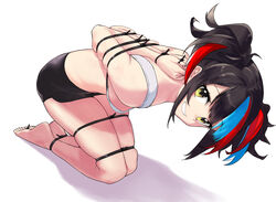  absurdres arms_behind_back artist_request barefoot blue_hair bondage bondage bound brown_hair cable_tie check_artist chimu_xingcheng commission fate/grand_order fate_(series) feet female grin highres leaning_forward legs looking_at_viewer multicolored_hair red_hair reverse_prayer sei_shounagon_(fate) sei_shounagon_(swimsuit_berserker)_(fate) simple_background skindentation smile thumbcuffs toecuffs toes white_background yellow_eyes 