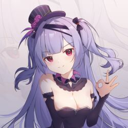  ajax_(azur_lane) ajax_(party_queen)_(azur_lane) azur_lane black_bow black_bridal_gauntlets black_collar black_dress bow breasts bridal_gauntlets cleavage collar commentary_request detached_collar dress female flower hairbow hat hat_flower highres long_hair mini_hat mini_top_hat ok_sign pink_eyes purple_flower purple_hair purple_rose rose solo strapless strapless_dress top_hat twintails upper_body ye_zhaolan 