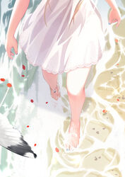  absurdres anklet barefoot bird blonde_hair blue_nails dress female from_above glint highres jewelry legs lexington_(cv-16)_(warship_girls_r) long_hair lower_body nail_polish petals solo sparkle toenail_polish toenails wading walking warship_girls_r water white_dress xiaoyin_li 