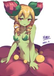  absurdres alraune blonde_hair breasts colored_skin damarinasai_(mineo) dated disgaea double_bun drill_hair female flora_beast_(disgaea) green_skin hair_bun highres looking_at_viewer makai_senki_disgaea monster_girl nature navel plant_girl pointy_ears red_eyes short_hair small_breasts smile solo twin_drills 