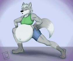  anthro belly big_belly bodily_fluids bottomwear bra breath canid canine canis clothed clothing crossdressing exercise fur ian_the_wolf male mammal navel panting pregnant pregnant_anthro pregnant_male randomgirl1265 shorts sigh solo sports_bra stretching suibelly sweat trans_(lore) underwear white_body white_fur wolf workout 