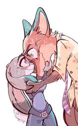  2018 anthro blush bodily_fluids bottomwear canid canine clothed clothing dipstick_ears disney duo ear_markings eye_contact fox fully_clothed fur gloves_(marking) green_eyes grey_body grey_fur hi_res judy_hopps lagomorph leporid looking_at_another mammal markings multicolored_ears necktie nick_wilde orange_body orange_fur pants police police_uniform purple_eyes rabbit red_fox shirt simple_background sweat sweatdrop topwear true_fox uniform white_background xx-junglebeatz-xx zootopia 