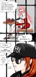  2girls animal_ears arknights ash_(rainbow_six_siege) bare_shoulders bars baseball_cap black_footwear black_gloves black_headwear breasts clothes_writing commentary dress fbi gloves hat highres in_cell korean_text large_breasts multiple_girls o_o open_mouth orange_hair pink_hair pozyomka_(arknights) rainbow_six_siege red_dress sandals sitting speech_bubble sunglasses table translated typewriter wolf_ears xwing47 