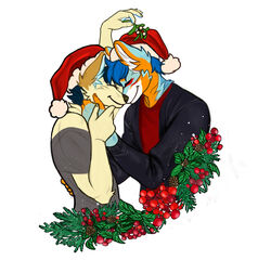  absurd_res anthro arctic_wolf black_clothing black_jacket black_topwear canid canine canis christmas christmas_clothing christmas_headwear clothing domestic_dog duo faces_touching falcon_woodwere fall_lightsky fur hand_holding hand_on_back hand_on_cheek hat headgear headwear hi_res holidays husky jacket male male/male mammal mistletoe multicolored_body multicolored_fur nordic_sled_dog plant red_clothing red_shirt red_topwear romantic romantic_ambiance romantic_couple santa_hat shirt shoulderless_shirt smile spitz topwear unknown_artist wolf 