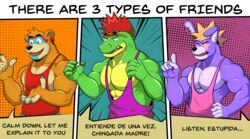  abs absurd_res alligator alligatorid animatronic anthro bear biceps blue_eyes clothing crocodile crocodilian crocodylid digital_media_(artwork) ear_piercing english_text eyebrows eyewear fanmade_design_glamrock_bonnie five_nights_at_freddy&#039;s five_nights_at_freddy&#039;s:_security_breach glamrock_bonnie_(fnaf) glamrock_freddy glasses green_body group hair hi_res lagomorph leporid machine male mammal meme mezzmar montgomery_gator muscular muscular_anthro muscular_male orange_body piercing profanity purple_body rabbit red_hair reptile robot scalie scottgames spanglish spanish_text steel_wool_studios teeth text translation_check translation_request trio 