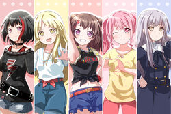  5girls :d ;) armpits bang_dream! choker column_lineup commentary_request grin heart heart_hands jewelry looking_at_viewer maruyama_aya midriff minato_yukina mitake_ran multiple_girls necklace one_eye_closed open_mouth pink_eyes pochita_(pochitaiko) print_shirt purple_eyes red_eyes shirt smile toyama_kasumi tsurumaki_kokoro yellow_eyes 