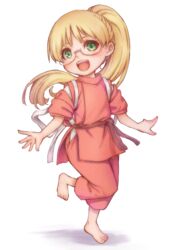  :d barefoot blonde_hair cosplay female full_body glasses green_eyes highres hip_vent japanese_clothes kodue55 long_hair looking_at_viewer made_in_abyss ogino_chihiro ogino_chihiro_(cosplay) pants ponytail riko_(made_in_abyss) sash sen_to_chihiro_no_kamikakushi simple_background smile solo standing standing_on_one_leg tasuki white_background 