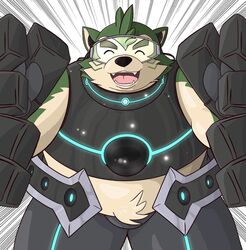  anthro canid canine canis domestic_dog eyebrows fur green_body green_fur l1ymjukhs0hd7zi lifewonders live_a_hero male mammal mecha_fist mokdai smile solo superhero thick_eyebrows visor 