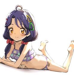  ahoge bare_arms bare_legs bare_shoulders barefoot bikini blush bow closed_mouth commentary_request feet female hair_ornament hair_over_shoulder hairbow hairclip highres legs_up looking_at_viewer low_twintails lying momo_(higanbana_and_girl) on_stomach orange_eyes parted_bangs precure purple_bikini purple_hair red_bow shadow side-tie_bikini_bottom smile soles solo suzumura_sango swimsuit the_pose tropical-rouge!_precure twintails white_background 