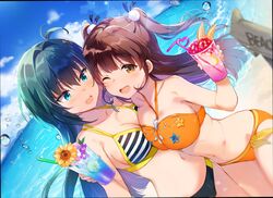  2girls ;d beach bikini blue_sky blush breasts brown_hair cloud crazy_straw day drink drinking_straw dutch_angle heart_straw highres idoly_pride komiyama_ai long_hair looking_at_viewer marine_day multiple_girls navel ocean one_eye_closed open_mouth outdoors qp:flapper sky smile suzumura_yuu swimsuit twintails water 