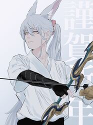  1boy akayukilegend animal_ears bad_id bad_twitter_id bow_(weapon) expressionless fingerless_gloves fox_boy fox_ears gloves grey_hair guardian_tales highres holding holding_bow_(weapon) holding_weapon looking_to_the_side male_focus nine_tailed_fox_garam ponytail shirt simple_background upper_body weapon white_shirt yellow_eyes 