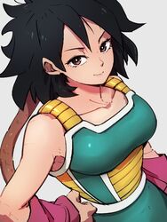  black_hair breasts brown_eyes closed_mouth collarbone commentary_request dragon_ball dragon_ball_super dragon_ball_super_broly female gine grey_background hand_on_own_hip kemachiku looking_at_viewer medium_breasts monkey_tail short_hair simple_background smile solo tail 