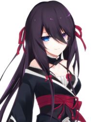  black_dress blue_eyes dress female hair_between_eyes hair_ribbon heterochromia kirihime_yoruka long_hair looking_at_viewer low_twintails mizuki_(user_jvy9880) obi purple_eyes ribbon saijaku_muhai_no_bahamut sash simple_background smile solo twintails very_long_hair 