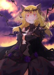  aged_down animal_ears black_dress black_gloves blonde_hair breasts colored_eyelashes commentary_request crazy_eyes dress elbow_gloves evil_grin evil_smile female flower gloves grin highres isabeau_de_baviere_(madoka_magica) jitome long_hair looking_at_viewer magia_record:_mahou_shoujo_madoka_magica_gaiden magical_girl mahou_shoujo_madoka_magica mahou_shoujo_tart_magica medium_breasts official_alternate_costume outstretched_arm purple_flower purple_rose red_eyes rose smile solo teeth un_nm5sy upper_body 