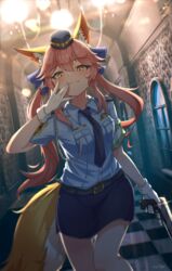  animal_ear_fluff animal_ears armband artist_name belt blue_bow blue_shirt blurry blurry_background blurry_foreground blush bow breasts ceiling ceiling_light commentary commission english_commentary fate/extella fate/extella_link fate/extra fate_(series) female floor fox_ears fox_girl fox_tail gloves gun hair_between_eyes hairbow handgun hat highres holding holding_gun holding_weapon jl_tan large_breasts long_hair looking_at_viewer necktie official_alternate_costume parody pink_hair police police_hat police_uniform policewoman resident_evil shirt short_sleeves sidelocks smile smug solo split_ponytail tail tamamo_(fate) tamamo_no_mae_(fate/extra) tamamo_no_mae_(police_fox)_(fate) thighs uniform weapon white_gloves window yellow_eyes 