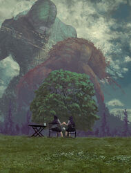  2girls battle black_hair black_skirt blood bottle chair cloud commentary_request day falling fighting from_behind grass highres horns long_hair long_sleeves monster multiple_girls nature original outdoors scenery single_horn sitting skirt table teeth toy(e) tree yuugai_choujuu 