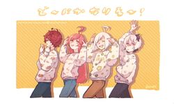  2boys 2girls ahoge androgynous bandaid bandaid_on_face bandaid_on_nose blue_pants brown_pants closed_eyes commentary crossed_arms denim finger_twirl flag flower_(vocaloid) flower_(vocaloid4) from_side fukase hands_up index_finger_raised jeans long_hair looking_at_viewer mi_no_take multicolored_hair multiple_boys multiple_girls open_mouth pants pink_eyes pink_hair purple_hair red_eyes red_hair sf-a2_miki short_hair smile standing streaked_hair sweater symbol-only_commentary translated twitter_username utatane_piko vocaloid walking waving white_hair yellow_background 