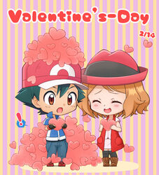  ! 1boy baseball_cap black_gloves black_hair black_thighhighs blue_jacket blush boots brown_eyes brown_footwear chibi commentary_request dated eyelashes female fingerless_gloves gloves hat heart holding jacket kouzuki_(reshika213) open_mouth pants pokemon pokemon_(anime) pokemon_xy_(anime) raised_eyebrows red_footwear satoshi_(pokemon) serena_(pokemon) shoes short_hair smile spoken_exclamation_mark standing straight thighhighs valentine 