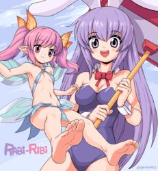  2girls animal_ears armpits bare_shoulders barefoot bikini bikini_top_only blue_bikini blue_skirt breasts cleavage commentary_request copyright_name erina_(rabi-ribi) fairy fairy_wings feet foot_focus foreshortening hammer highres legs leotard long_hair mini_person minigirl miniskirt multiple_girls navel open_mouth oyatsu_(mk2) pink_eyes pink_hair playboy_bunny pointy_ears purple_eyes purple_hair purple_leotard rabbit_ears rabbit_girl rabi-ribi ribbon ribbon_(rabi-ribi) skirt small_breasts smile soles strapless strapless_leotard swimsuit thighs toes twintails weapon wings wrist_cuffs 