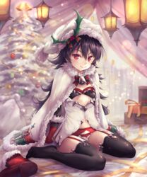  &gt;:) bell black_hair black_thighhighs boots breasts christmas christmas_ornaments christmas_tree cloak closed_mouth commentary_request dress female full_body fur-trimmed_boots fur-trimmed_cloak fur-trimmed_headwear fur-trimmed_sleeves fur_trim gloves hair_between_eyes hair_ornament hat illya_(christmas)_(princess_connect!) illya_(princess_connect!) illya_(small)_(princess_connect!) lantern long_hair long_sleeves no_shoes official_alternate_costume ouka_(ra-raradan) princess_connect! red_eyes red_footwear red_gloves santa_hat sitting small_breasts smile solo thighhighs unworn_boots v-shaped_eyebrows very_long_hair wariza white_cloak white_dress white_hat 