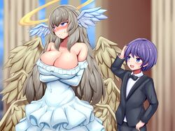  1boy angel angel_wings bare_shoulders blue_eyes blurry blurry_background blush breasts brown_hair cleavage commission crossed_arms dress elbow_gloves female formal frilled_dress frills gloves halo height_difference highres long_hair luka_(mon-musu_quest!) mon-musu_quest! multiple_wings purple_eyes raichi_(ddq0246) seraph_eden seraph_wings skeb_commission suit sweatdrop wedding wedding_dress white_dress wings 