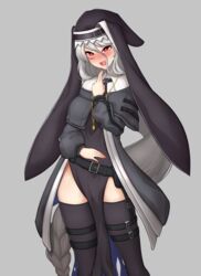  :d absurdres arknights belt black_belt black_dress capelet commentary_request dress feet_out_of_frame female grey_background grey_capelet grey_hair grey_jacket grey_thighhighs habit hair_between_eyes hand_on_own_stomach hand_up heart heart-shaped_pupils highres jacket korean_commentary long_hair long_sleeves manggapaegtoli naughty_face nun open_mouth pelvic_curtain puffy_sleeves red_eyes sharp_teeth side_slit simple_background smile solo specter_(arknights) standing symbol-shaped_pupils teeth thigh_strap thighhighs upper_teeth_only 