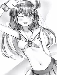  :d bikini bikini_skirt blush bow breasts female greyscale hair_ornament hairbow hand_up highres hololive looking_at_viewer medium_breasts monochrome nanashi_(nlo) navel neckerchief one_eye_closed open_mouth pleated_skirt sailor_bikini sailor_collar skirt smile solo star_(symbol) star_hair_ornament stomach swimsuit tokino_sora tokino_sora_(hololive_summer_2019) virtual_youtuber wristband 