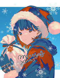  blue_background border christmas christmas_tree_earrings commentary earrings female fur_trim gloves hat horiizumi_inko jewelry light_blush limited_palette looking_at_viewer merry_christmas original outside_border red_eyes santa_costume santa_gloves santa_hat smile snow snowing snowman_print solo standing swept_bangs upper_body white_border 