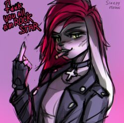  anthro biped breasts cigarette clothed clothing english_text female gesture hair hand_gesture jacket jewelry lagomorph leather leather_clothing leather_jacket leather_topwear leporid mammal middle_finger necklace profanity rabbit red_hair simple_background sleepyhelen smoking solo text topwear 