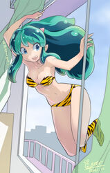  animal_print aqua_eyes bikini boots breasts cleavage commentary_request cone_horns curtains female full_body green_eyes highres horns lum medium_breasts oyster_(artist) railing smile solo strapless strapless_bikini swimsuit tiger_print urusei_yatsura window yellow_bikini 