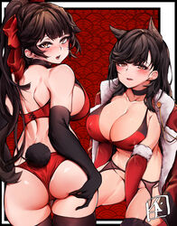  2girls absurdres animal_ears ass atago_(azur_lane) azur_lane bikini black_choker black_gloves black_hair black_thighhighs blush bow breasts brown_eyes chickenvomit choker cleavage collarbone commentary_request covered_nipples elbow_gloves extra_ears from_behind garter_belt gloves hair_flaps hairbow highres large_breasts long_hair looking_at_viewer looking_back mole mole_under_eye multiple_girls open_mouth ponytail red_bikini red_bow red_gloves swept_bangs swimsuit takao_(azur_lane) thighhighs very_long_hair 