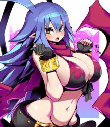  antenna_hair belt bikini bikini_top_only blue_hair bracelet breasts breasts_squeezed_together demon_girl disgaea disgaea_d2 female fingerless_gloves flame_print genderswap_(mtf) gloves highres huge_breasts jewelry kara_age laharl laharl-chan large_breasts long_hair navel open_mouth pointy_ears red_eyes rule_63 scarf solo swimsuit 