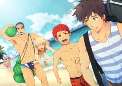  4boys absurdres bacchikoi! bara beach black_hair blonde_hair blue_sky brown_hair character_request closed_eyes cloud collaboration female food forked_eyebrows fruit green_eyes highres holding holding_food kanada_toshu male_focus male_swimwear mazjojo mikkoukun multiple_boys nakahara_masaru ocean official_art one_eye_closed open_mouth outdoors palm_tree red_eyes red_hair red_male_swimwear sand sky smile striped_tank_top tadano_genji tan tank_top teeth thick_eyebrows tongue tree upper_teeth_only water watermelon yanai_ichiru zamius 