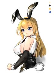  absurdres animal_ears astoria_(azur_lane) astoria_(black_bunny_carnival)_(azur_lane) azur_lane bare_shoulders blonde_hair blue_eyes detached_sleeves fake_animal_ears fake_tail female from_side highres long_hair looking_to_the_side official_alternate_costume rabbit_ears rabbit_tail shirt simple_background solo tail upper_body white_background white_shirt ztw 