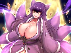  :3 :d animal_ears breasts cleavage collarbone commission daji_(mon-musu_quest!) female fox_ears fox_girl fox_tail highres huge_breasts long_sleeves looking_at_viewer mon-musu_quest! mon-musu_quest:_paradox multiple_tails open_mouth purple_hair raichi_(ddq0246) rock shrift_(series) skeb_commission smile solo tail yellow_eyes 