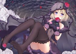  ass azur_lane bare_shoulders black_dress black_gloves black_thighhighs blonde_hair blue_eyes breasts covered_navel dress feet female flower gloves highres kana_(kuaua) knees_up looking_at_viewer mouth_hold official_alternate_costume red_flower rose see-through shoes short_hair single_shoe small_breasts solo thighhighs thighs veil wedding_dress z23_(azur_lane) z23_(schwarze_hochzeit)_(azur_lane) 