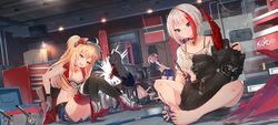  5girls admiral_graf_spee_(azur_lane) admiral_hipper_(azur_lane) alternate_costume azur_lane barefoot bike_shorts blonde_hair breasts cannon cleavage collar commentary_request cross feet flag hat hato_haru iron_cross long_hair machinery multiple_girls prinz_eugen_(azur_lane) screwdriver shorts simulated_footjob sitting sparks u-47_(azur_lane) u-81_(azur_lane) 