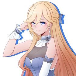  bianka_durandal_ataegina blonde_hair blue_dress blue_eyes bow breasts cleavage closed_mouth dress earrings elbow_gloves female gloves hair_between_eyes hairbow highres honkai_(series) honkai_impact_3rd jewelry jzyy299 long_hair looking_at_viewer simple_background single_glove sleeveless sleeveless_dress smile solo white_background white_gloves 