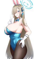  absurdres adone_(pluemza021) animal_ears aqua_leotard asuna_(blue_archive) asuna_(bunny)_(blue_archive) asymmetrical_bangs black_pantyhose blue_archive blue_bow blue_bowtie blue_eyes blue_leotard blush bow bowtie braid braided_bun breasts commentary cowboy_shot detached_collar english_commentary fake_animal_ears fake_tail female glass gloves hair_bun hair_over_one_eye hair_ribbon halo highleg highleg_leotard highres large_breasts leotard light_brown_hair mixed-language_commentary mole mole_on_breast official_alternate_costume pantyhose playboy_bunny rabbit_ears rabbit_tail ribbon smile strapless strapless_leotard tail thighband_pantyhose traditional_bowtie white_gloves 