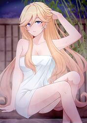  absurdres adjusting_hair arm_up bamboo bianka_durandal_ataegina blonde_hair blue_eyes breasts cleavage closed_mouth earrings female highres honkai_(series) honkai_impact_3rd jewelry jzyy299 long_hair looking_at_viewer night night_sky onsen outdoors sitting sky solo steam towel wavy_hair 