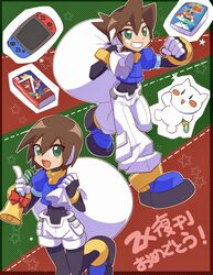  1boy :d aile_(mega_man_zx) bad_id bad_twitter_id bell blue_footwear bracelet brown_hair commentary_request female green_eyes grin hair_between_eyes highres holding holding_sack jewelry layered_sleeves long_sleeves mega_man_(series) mega_man_zx nintendo_switch omeehayo open_mouth pants pantyhose_under_shorts puffy_short_sleeves puffy_sleeves robot_ears sack short_hair short_over_long_sleeves short_sleeves shorts smile vent_(mega_man) white_pants white_shorts 