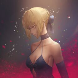  artoria_pendragon_(fate) bad_id bad_pixiv_id bare_shoulders blonde_hair blue_ribbon braid breasts cleavage clothing_cutout commentary_request diamond_cutout elbow_gloves fate/grand_order fate/stay_night fate_(series) female french_braid from_side gloves hair_ribbon highres medium_breasts neon.p ribbon saber_alter solo upper_body yellow_eyes 